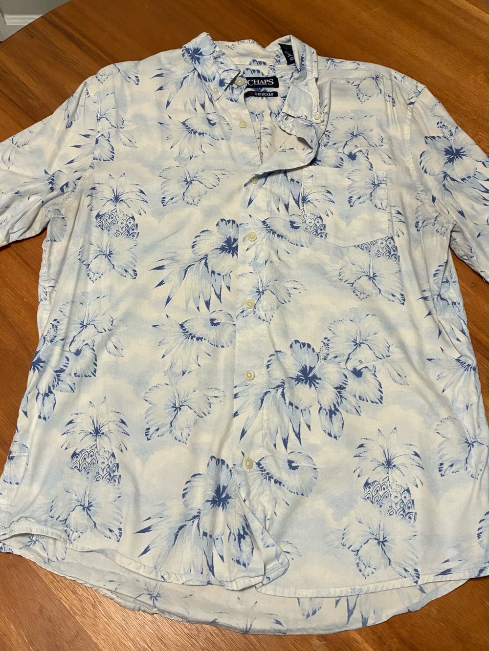 Chaps White and Blue Floral Hibiscus Print Button-Down Shirt